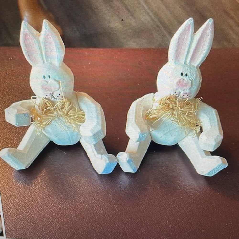 VTG Wooden Jointed White Bunny Figurines